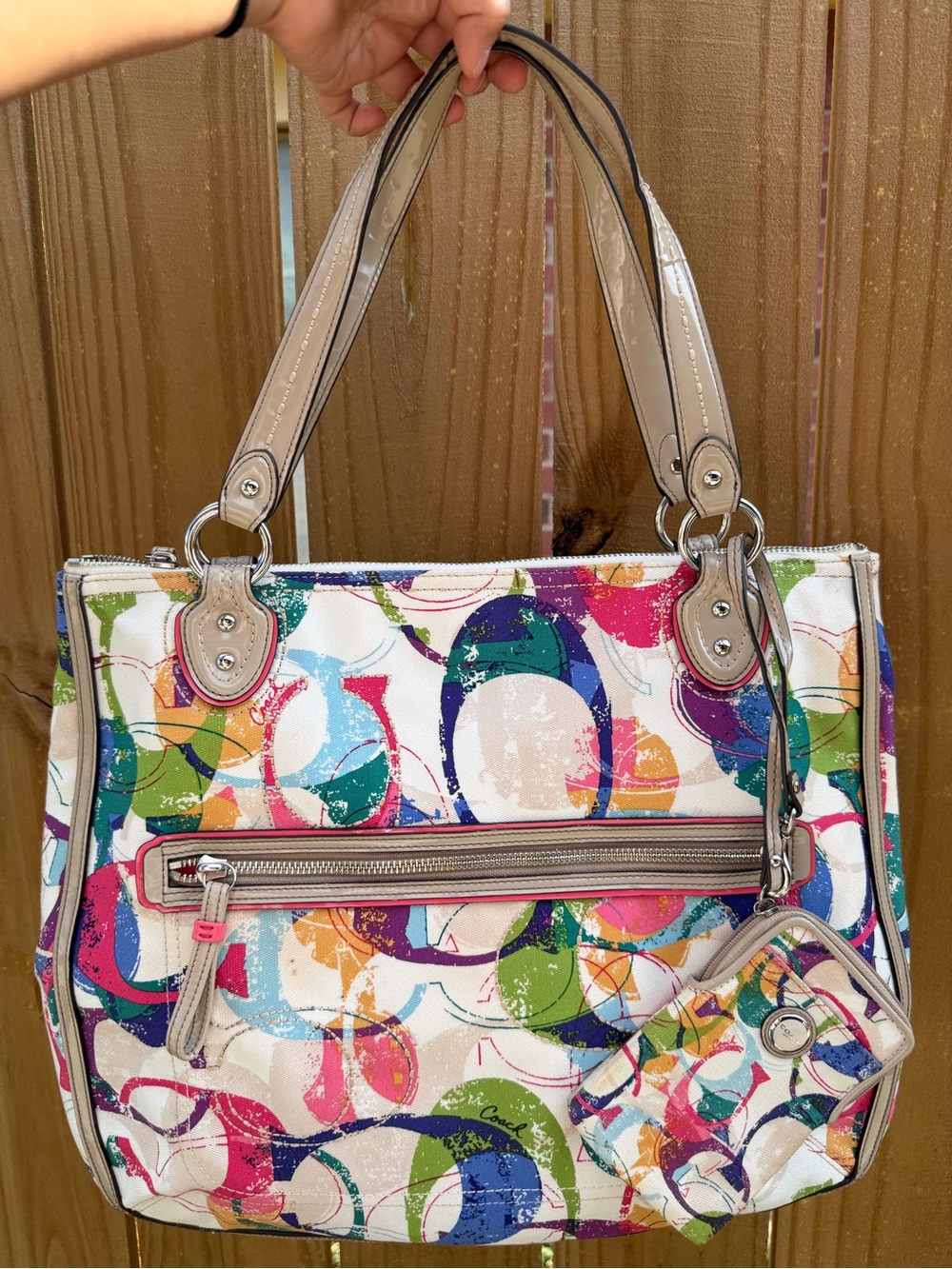 Coach Multicolor Circle Print Shoulder Bag with Beige Trim